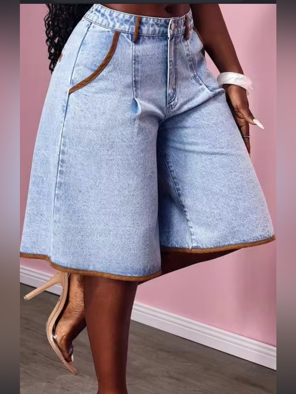 SHEIN Light Blue Denim Bermuda Shorts with Brown Trim